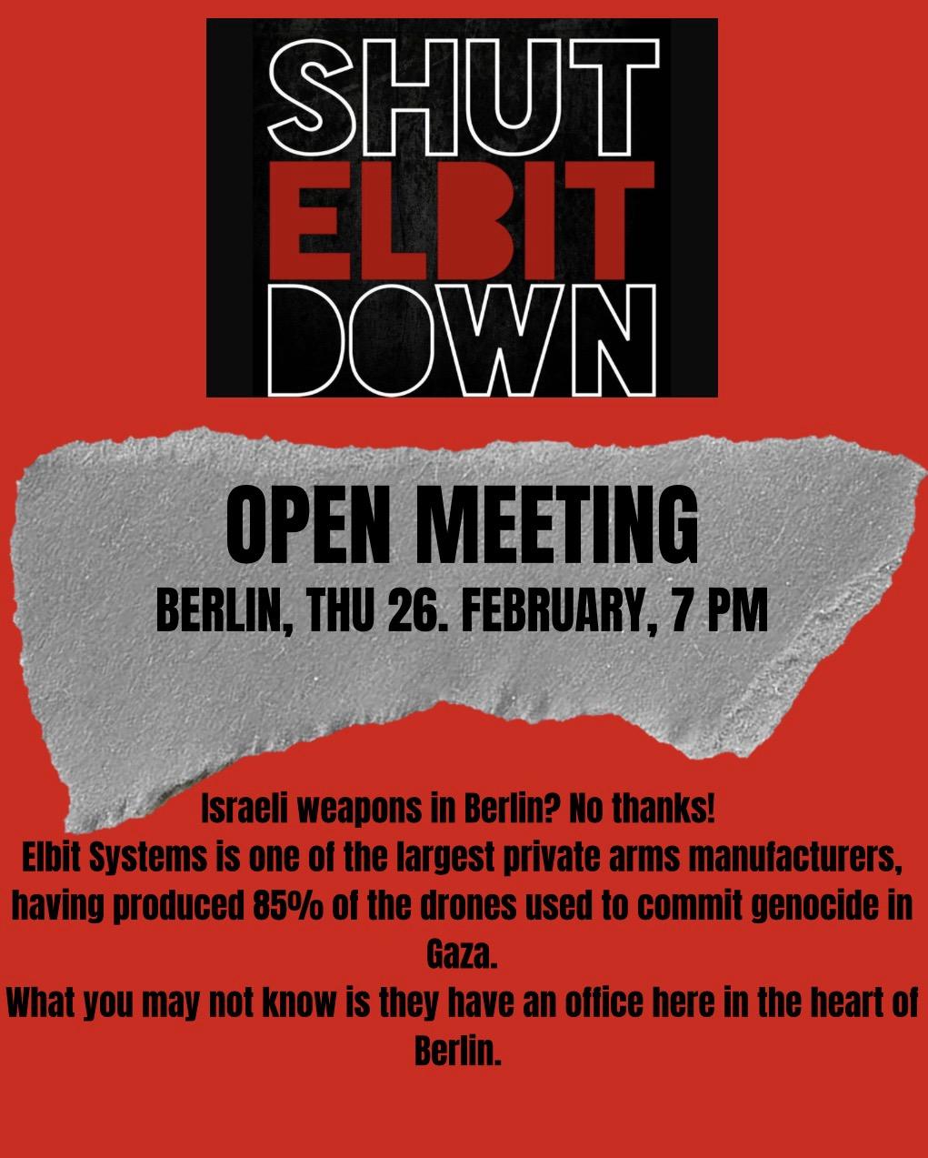 meeting announcement, shut elbit down 26.02, infoladen scherer
